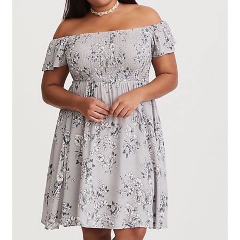 Torrid Grey Floral Challis Smocked Skater MINI Dress‎